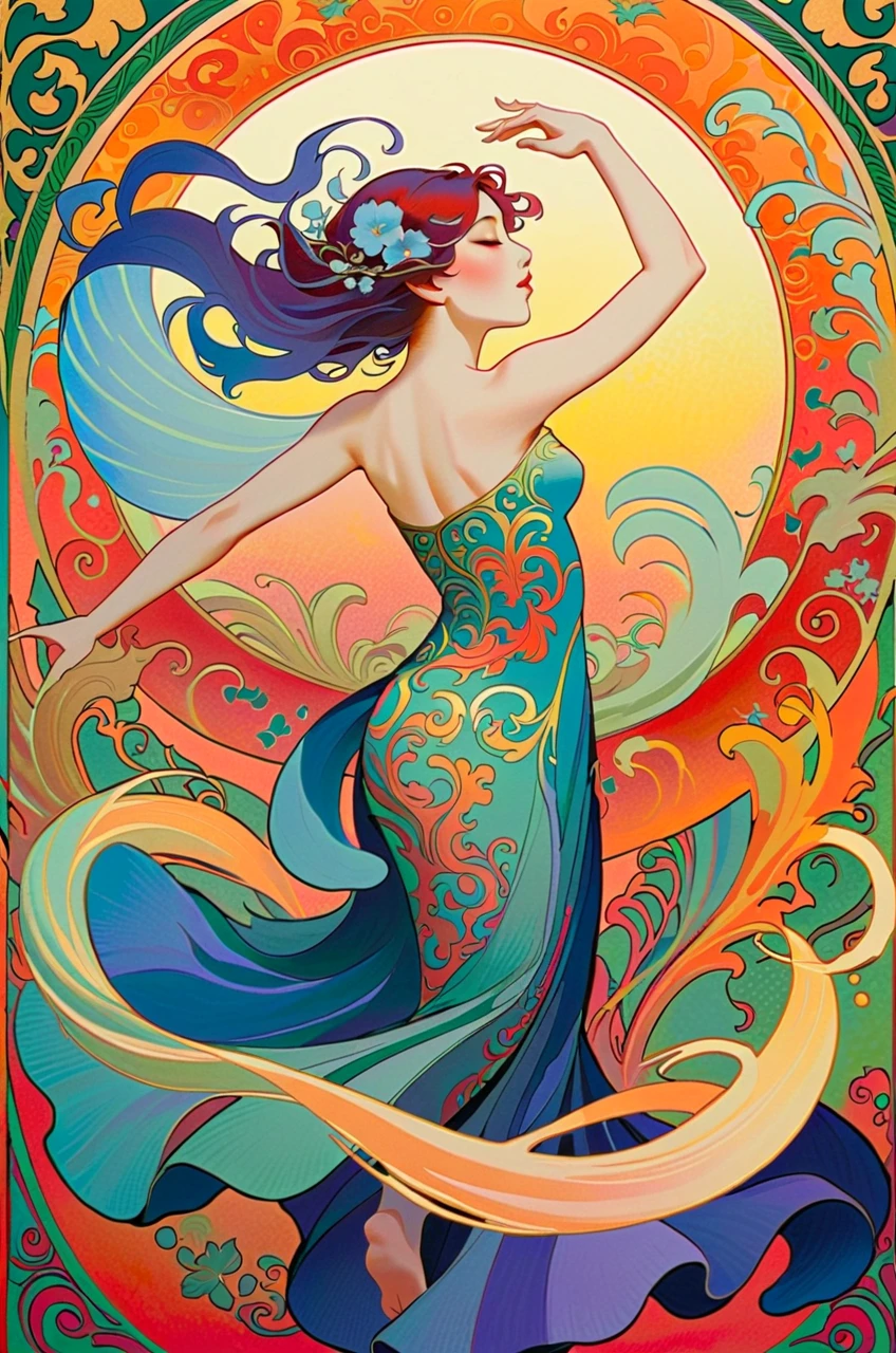 a painting of a woman in a mermaid dress sitting on a wave, a beautiful artwork illustration, exquisite digital illustration, artgerm and james jean, artgerm colorful!!!, alphonse mucha and rossdraws, gorgeous digital art, beautiful digital artwork, style ivan talavera and artgerm, beautiful digital illustration, artgerm style, artgerm mucha