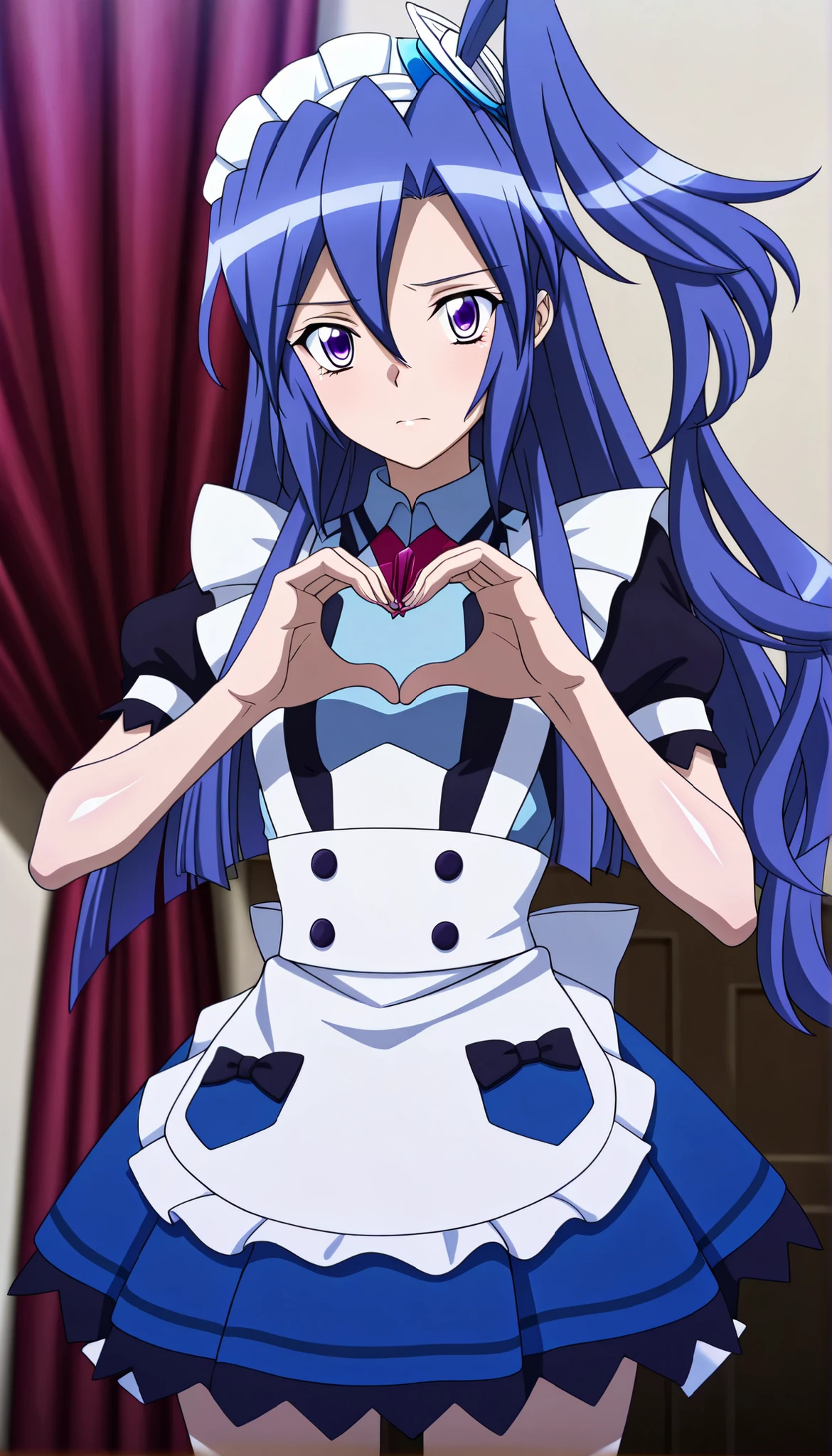 masterpiece, best quality, amazing quality, very aesthetic, absurdres, newest,shiny skin, anime screenshot, anime coloring senki zesshou symphogear, Kazanari Tsubasa, blue_hair, purple eyes, one side up, maid, indoors, curtains,heart hands, looking at viewer、