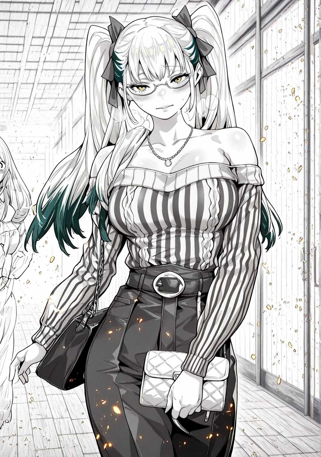 (shouji_nigou-style:1.4), (puuzaki_puuna(punopupupu)-style), ((anatomical correct)), ((embers)), ((Cinematic, unreal engine, eye-catching, ambient occlusion, UHD, masterpiece)), ((perfect lighting)), perfect body, perfect eyes, perfect fingers, gasping, heavy breathing, gasping profusely, ((skindentation)), ((curvy)), mato seihei no slave, azuma yachiho, long hair, bangs, black hair, bow, twintails, yellow eyes, hair bow, green hair, plump, 1girl, glasses, solo, breasts, jewelry, necklace, bare_shoulders, pants, looking_at_viewer, off_shoulder, high-waist_pants, striped_shirt, striped, sweater, handbag, blush, holding, collarbone, shirt, long_sleeves, indoors