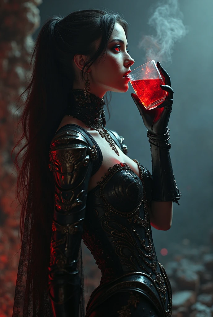create a woman with evil eyes of a scary yellow with a black leather outfit holding a chalice of blood with the words: superb