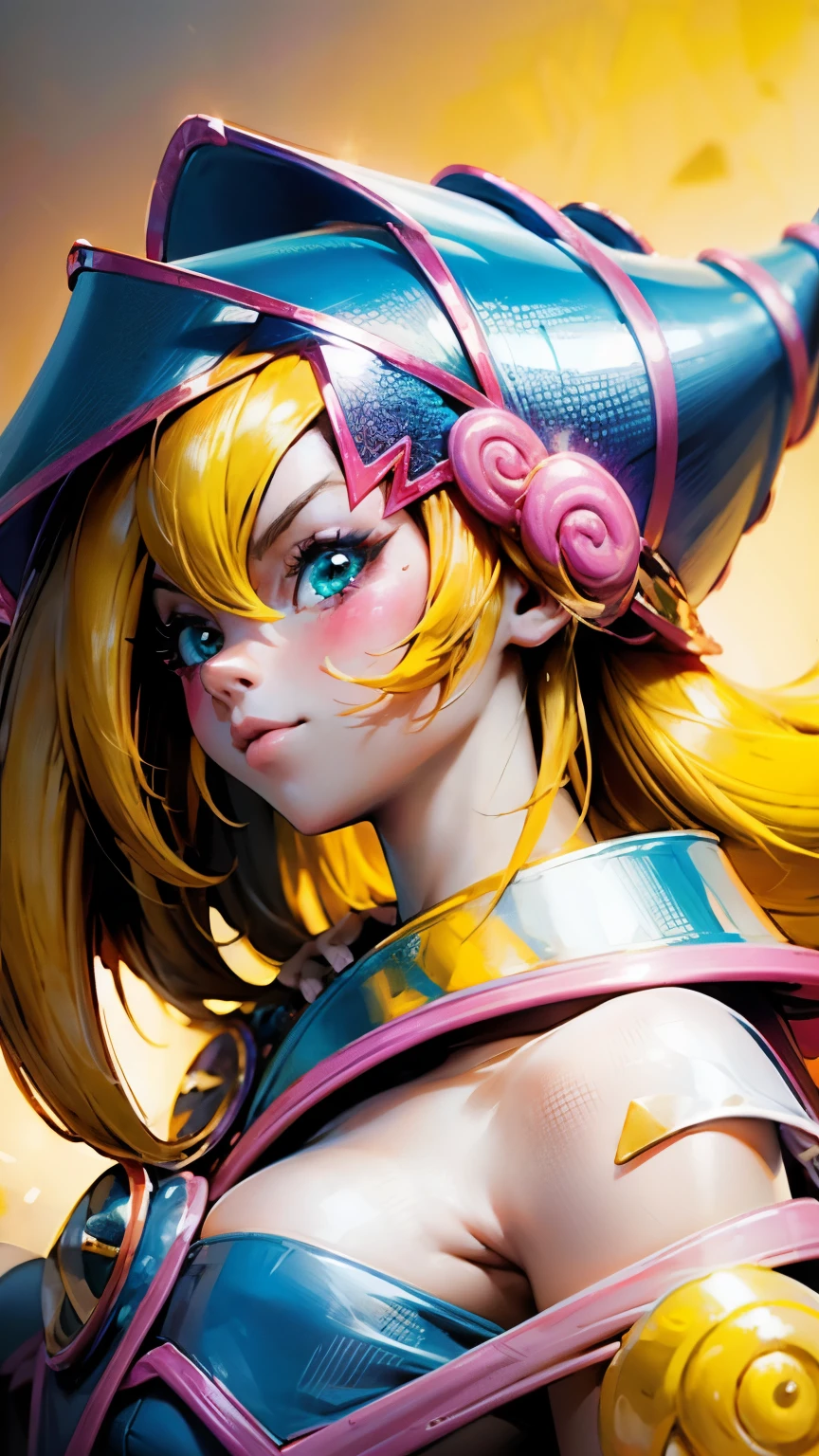 Create the beautiful face of dark magician gils. blue eyes. pink lips. white tea. blond hair. girl smile. Uncovered shoulders. Necklace on the neck. dark wizard gils face. His hands make the sign of peace and love. Peace and love in your hands. 