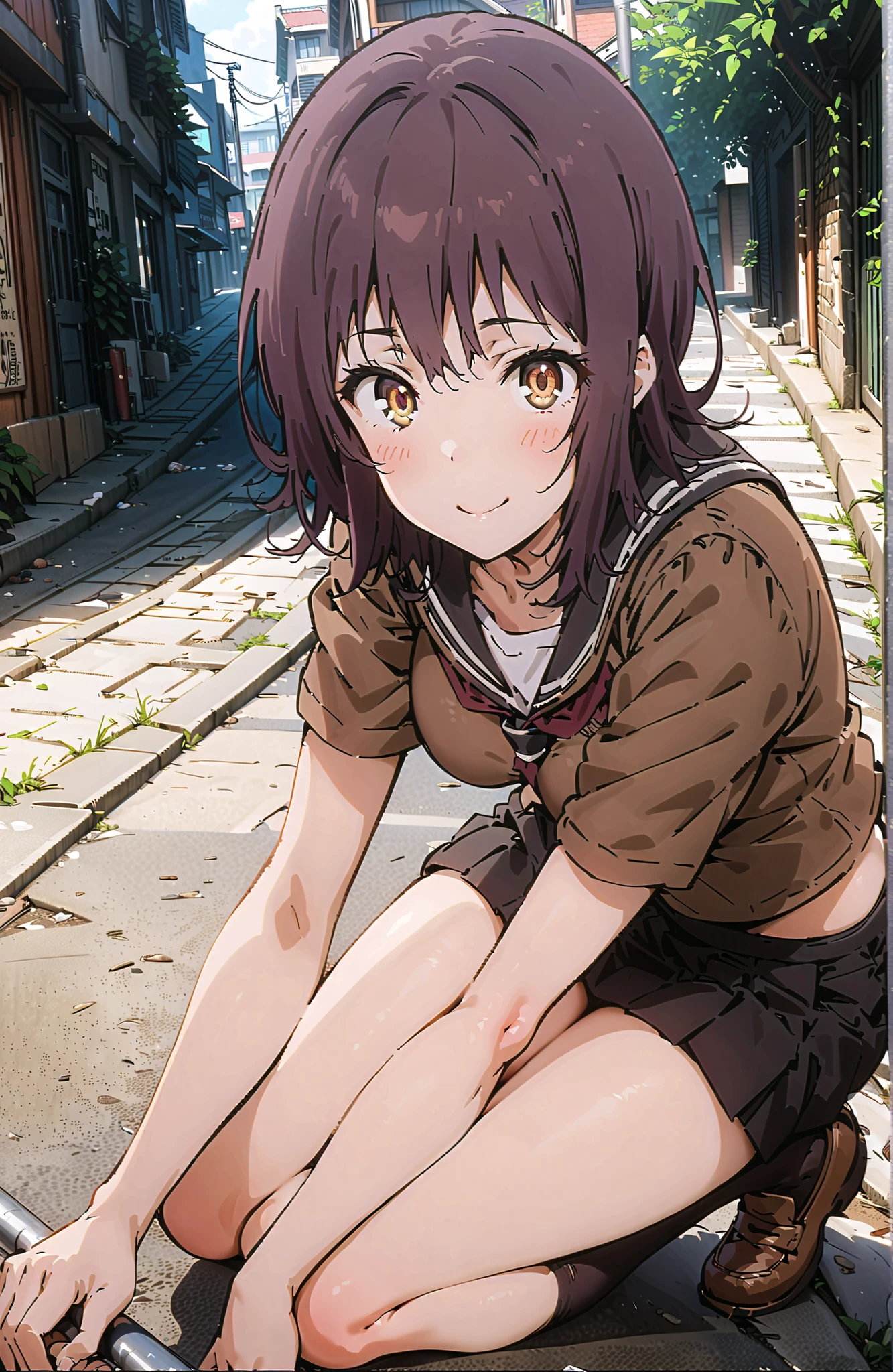 score_9, score_8_up, score_7_up, source_anime, Itsuwa , short hair, brown hair, brown eyes in the bedroom,Medium breast,Black sailor suit,Short sleeve,black mini pleated skirt for sitting on asphalt steps,Black Panties, black high socks,loafers,smile,blush,mouth,Sit on the asphalt steps,Prostitute leaning on handrail ,summer,sunshine,full bodyがイラストに入るように,in their 40s looking at viewer,full body,
in their 40s outdoors,residential area,
in their 40s (masterpiece:1.2), best quality, high resolution, Unity 8Kの壁紙, ( 's art :0.8), (beautiful detailed eyes:1.6), very detailed face, perfect lighting, Highly Detailed CG, (perfect hand in h, Completed),