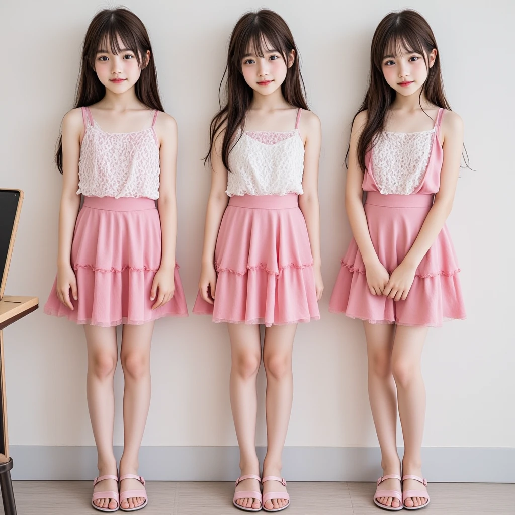 8k,masterpiece,Portrait Photography,Japanese,,Big eyes,Fine grain,delicate,Extremely small breasts,Neat,Cute outfit,Participating in the parade,The body is turned sideways and looking back,Bright spot,The light makes the clothes transparent,Girlish clothes,Summer Dresses,separate,Quite short in length,My belly is visible,Light white clothes,Neat服,Cute earrings,Tank top,Extremely short skirt,Micro Mini Skirt,Micro mini chiffon skirt,Lace hem,Lace on the chest,ribbon,Medium-long hair,Cute Accessories,Cute sandals,Cinematic lighting,Natural smile,Natural pose,Reader model for children's fashion magazine,