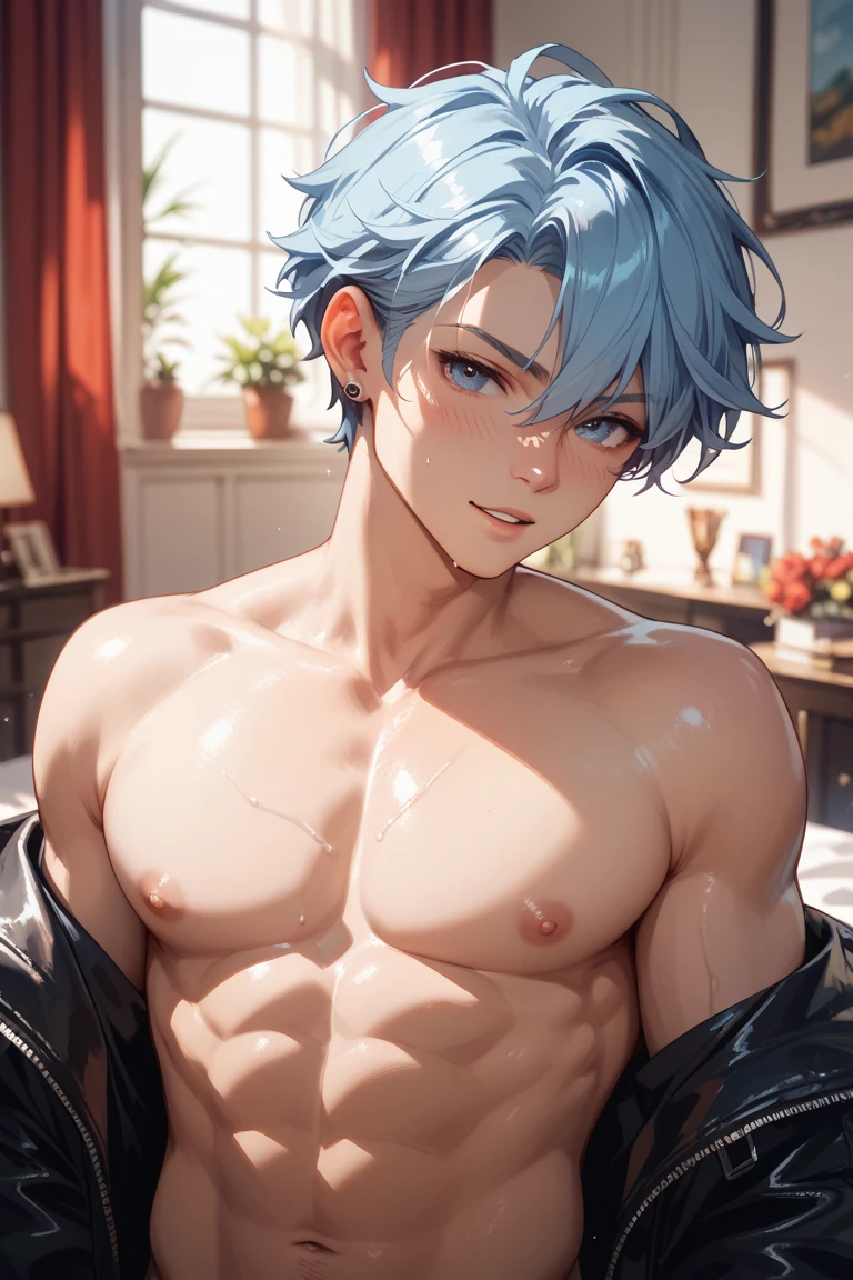 official art,unity 8k wallpaper,ultra detailed,beautiful and aesthetic,masterpiece,best quality,extremely detailed,
illustration, portrait, 1boy with cat ears, cute, young, asian,
detailed purple crystal eyes,
blue hair,
(short spiked hair:1.1),
unzipping his jacket with his hands,teasing,undressing,
black leather victorian jacket,
(dark bokeh background:1),smile, blush,
(blush:1.1), pectoral, nipples
medieval, fantasy, sexy, juicy lips,
unreal engine, detailed fine skin, close up,
<lora:more_details:0.5>