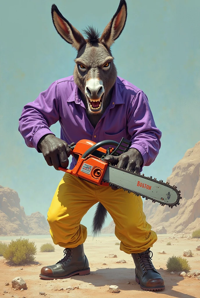 A full-body image of a muscular capybara. It is swinging a chainsaw in its hand. The background is the desert. It looks fantastic. The face of a capybara.