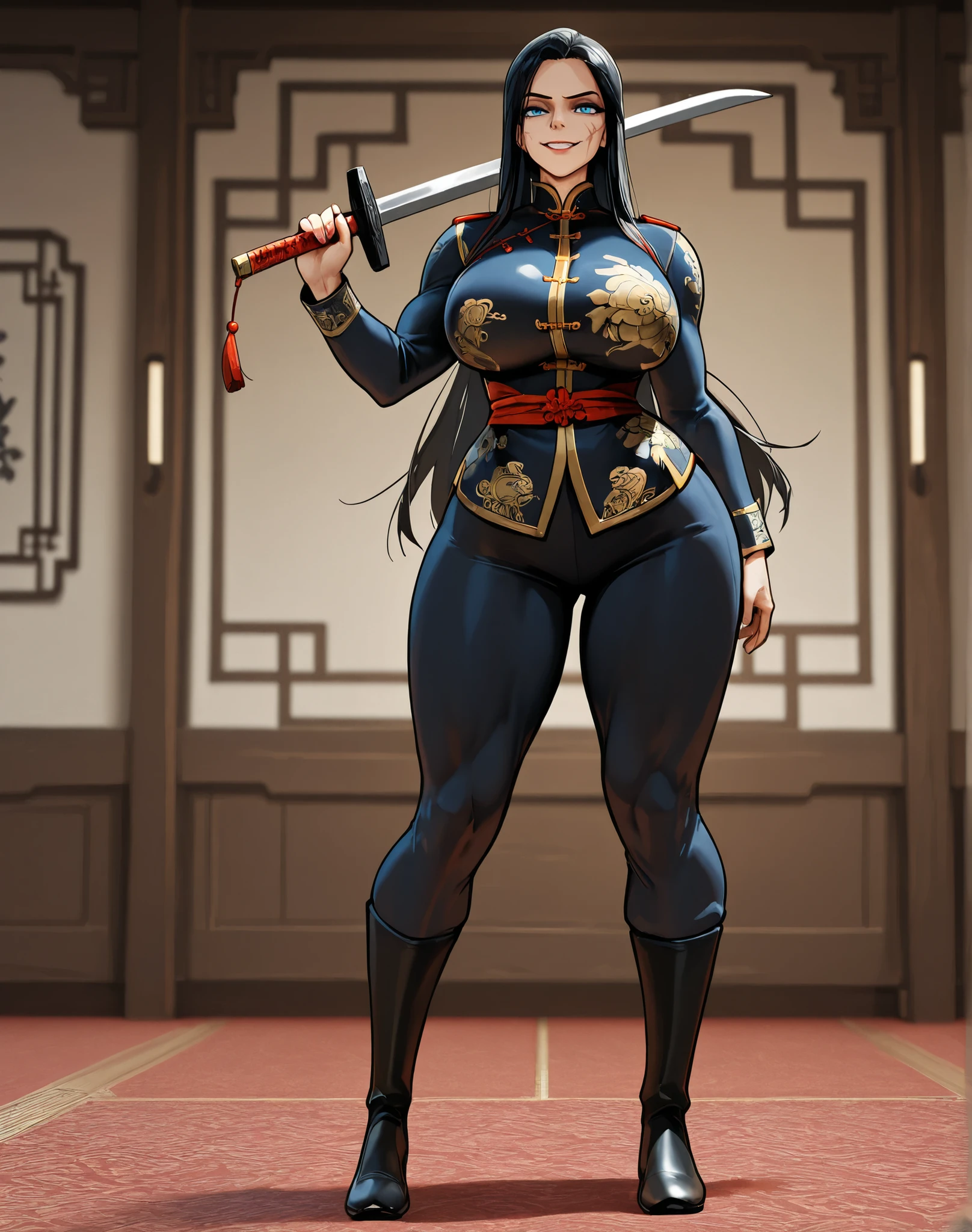 tmasterpiece,finely detailled,1female,Toned big muscles,Tight cheongsam,blackstockings,Pointed-toe heels, Full body like, Mature female face,Thin waist,Very broad shoulders, Strong and powerful arms,Very long legs,looking toward the viewer