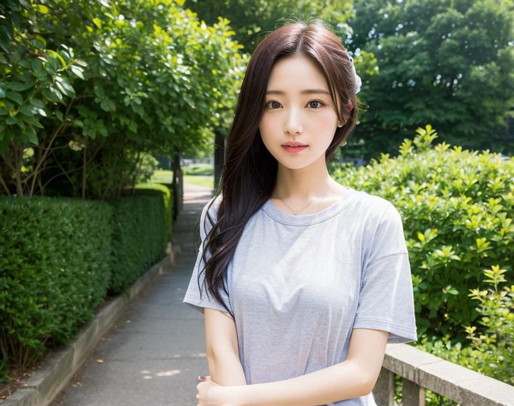 ((masterpiece)), ((best quality)), ((ultra-detailed)),((hyperrealistic)),(japanese cute girl),(shiny skin),1girl,(forehead),black hair,long hair,(black big eyes,tareme,droopy eyes),(small breasts),15 years old,dynamic angle,neat and clean,(white t-shirt,open stance),cityroad,arms behind back,smile,In a daze,miniskirt,sitting,