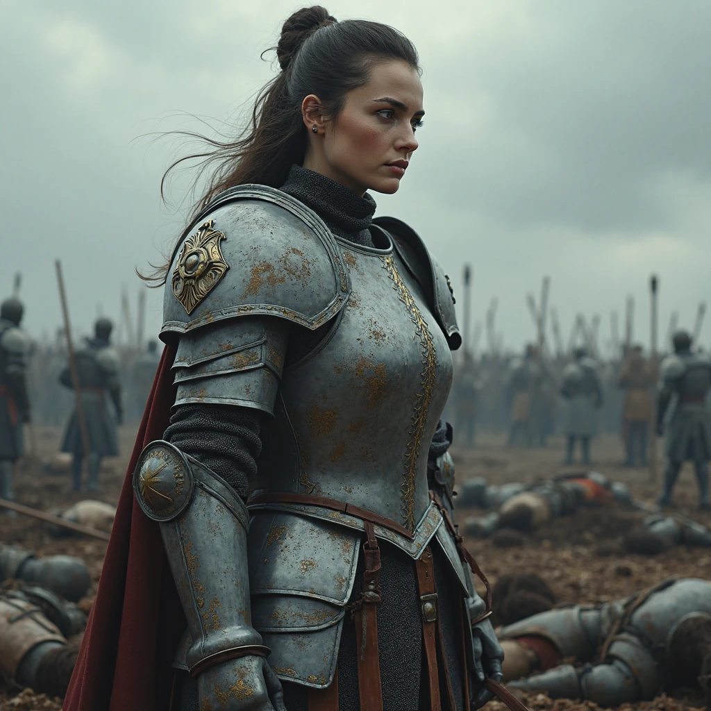(RAW photo, 8k uhd, Analog style, Masterpiece, Best Quality, Highres:1.4), (dramatic, cinematic:1.2), BREAK,
movie shot of (brutal:1.1) (russian:1.2) (female barbarian:1.1) (khight:1.2), (Joan of Arc:1.1), (muscular:1.1), broken (rusty intricate:1.1) (armor:1.35), (pants:1.2), (cloak:1.1), (dirty skin:1.1), (short red:1.1) hair, (brown eyes:1.1), (blood, wounds:1.25), (tired face, tears:1.1), (suffering, scared:1.25), (looking up:1.35), (sitting:1.3) in (mud:1.2) (on ground:1.1), (dirty:1.1) (water:1.2), (cross:1.2), planted sword, (red banner flag:1.3), BREAK,
(blood on ground:1.1), (flying crows:1.15), (tree:1.1), detailed (medieval battlefield:1.3), (knights fighting:1.3), autumn, (swamp:1.2), medieval (cathedral ruins:1.2), (pile of corpses:1.1), (sunset:1.2), cloudy sky, (thunderstorm:1.2), (fire:1.2), (smoke:0.7), (sparkles, light particles:1.2), foggy, (godrays:1.2), (photorealistic:1.1), (high point:1.1), full body, (medieval:1.2), (bloody:1.1), BREAK,
<lora:more_details:0.9>,
<lora:zoom_slider_v1:2.3>,