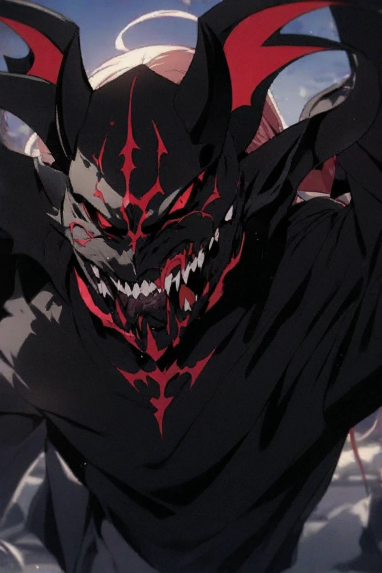 A menacing, original Star Wars-inspired villain emerges from the shadows. Clad in dark armor, the character's face is obscured by a unique helmet that features a series of sharp, protruding spikes and a glowing red eye. The villain's red cape billows behind them as they confidently stride forward, their weapon of choice - a sinister-looking staff that emits a faint, eerie energy. The background features a mysterious, ominous planet with a blood-red sky, hinting at the villain's sinister intentions.