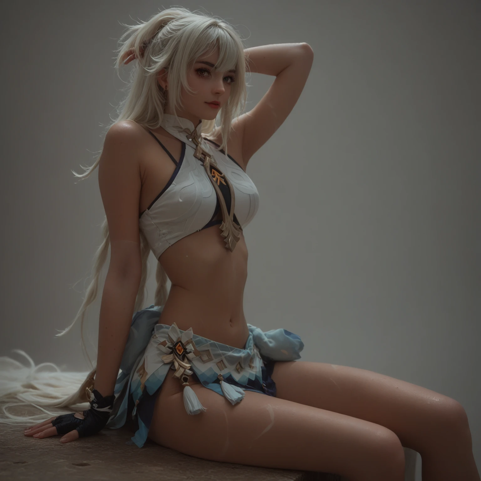 ariel, upper body portrait, white hair, beautiful, cute arabian transparent Langerie, warrior, midriff, fit, white hair,  desert background, realistic fantasy ,concept art, sexy, excited, gorgeous face,fully body, breasts small, smooth skin, Medium pink mouth, Linda, naturals .Transparent silk on clothes, 80% of the uncovered body,Cheeky smile.,Well-defined lips. 