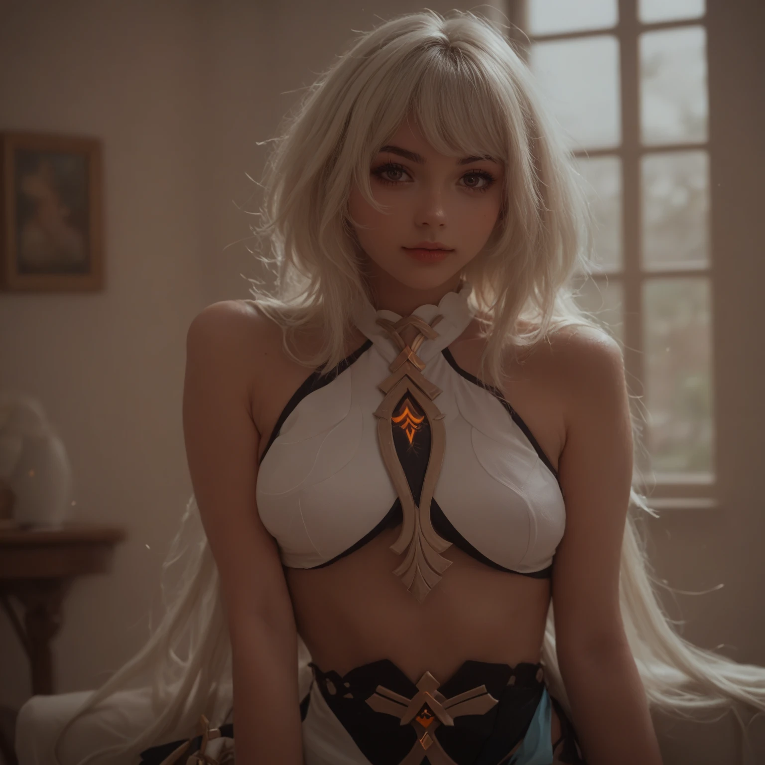 Browsing Caution，masterpiece，Highest quality，8K，20-year-old，Beautiful woman standing by the window，Slim body，Long straight white hair with bangs，Brush your hair up with both hands，blue eyes，Underboob，Looking down，Stained glass，The light shines through，light rays 