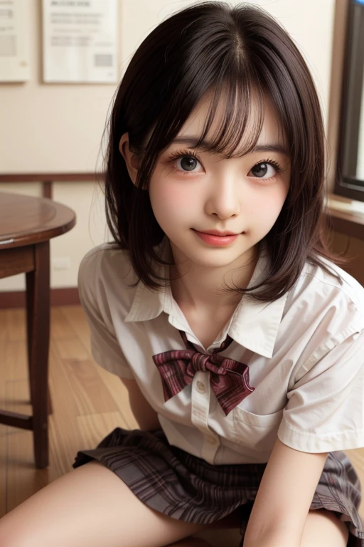 ((top-quality、​masterpiece))、Raw photography、8K、top-quality、 超A high resolution、Beautiful face in every detail、Realistic human skin、Gentle expression、front-facing view、Farbe々From an angle、length hair、realisitic、Photorealsitic、cute little、a short skirt、cute school girl、Japan schoolgirl wearing uniform、Surreal High School Girl、(wrist watch)、a bed、window、