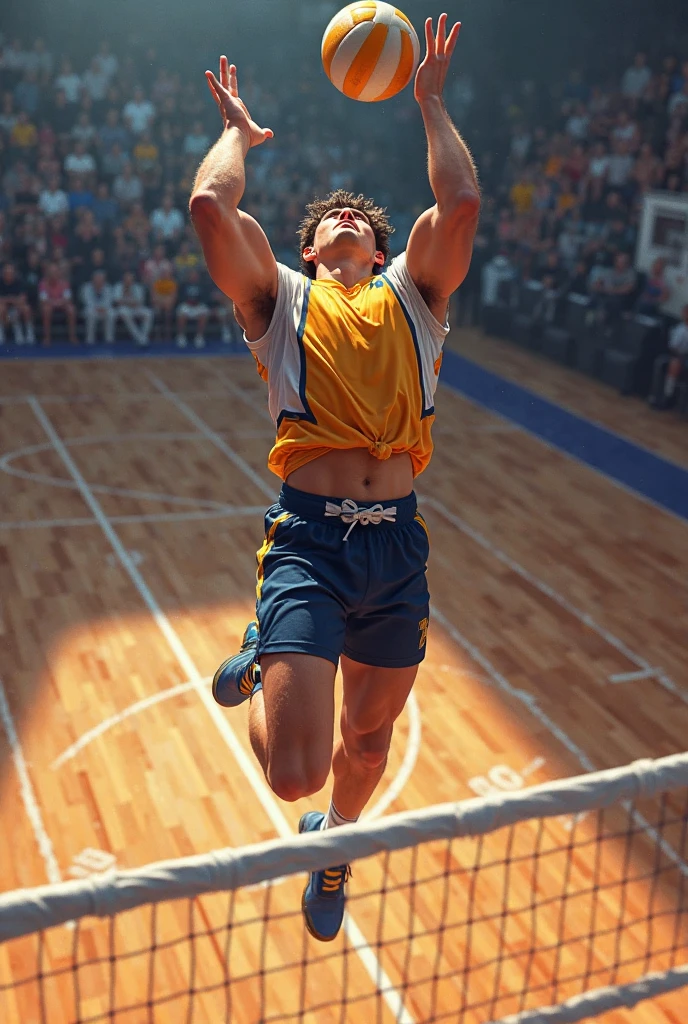 football player in yellow t-shirt looking forwards diagonally with expression of confidence on dark background creating an epic moment of victory