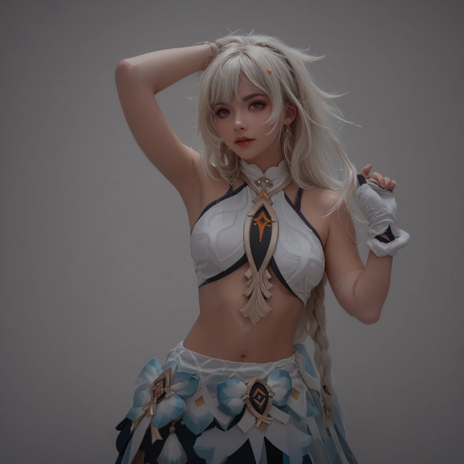 ((masutepiece, Best Quality)), Photorealsitic, (1girl in), (Solo), Nahidando, Nahidadev, Torogao, blush, Shy, smiley, Colossal tits:1.4, (((White tights))), Blunt bangs, Lori:1.6, ((Black skirt), (Very short skirt)), white hair, Shiny hair, witheout panties, No pubic hair, Green eyes, Sexy Stand, a navel, Cyberpunk costumes