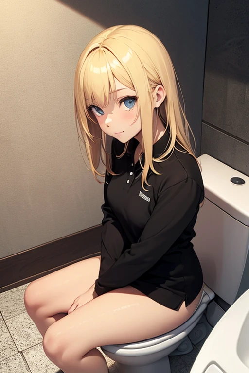 one girl, realistic face, Vagina, White sneakers, blonde hair, blue eyes(Looking down), ponytail, high quality full black hoodie, sity streat, sad, in full growth, stand, without pants, Feet shoulder width apart, anime, from below, Foot-Level Shot, masterpiece, anatomically correct, high details, high quality