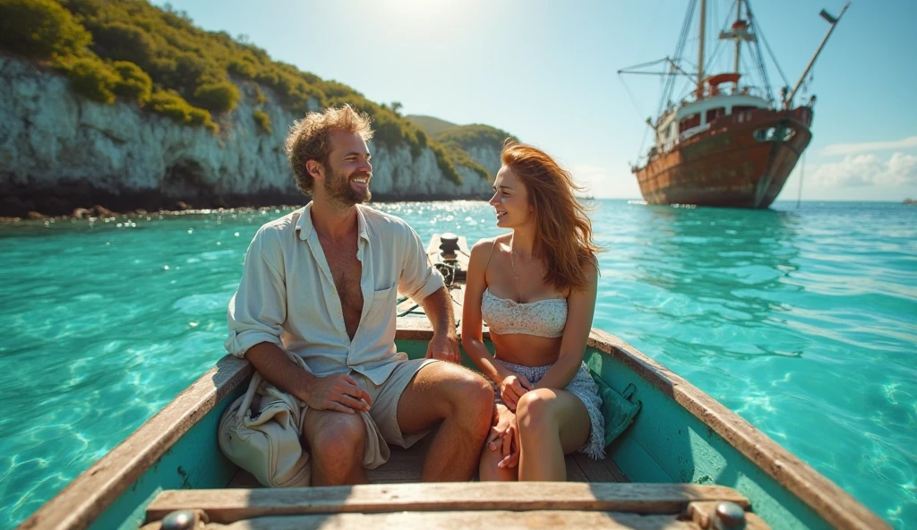 Happy european family on wooden sailboat, 1man 1woman 1toddler, man is bearded and has black hair, woman is chubby blonde with big breasts, is a 2yearold blonde boy, natural light