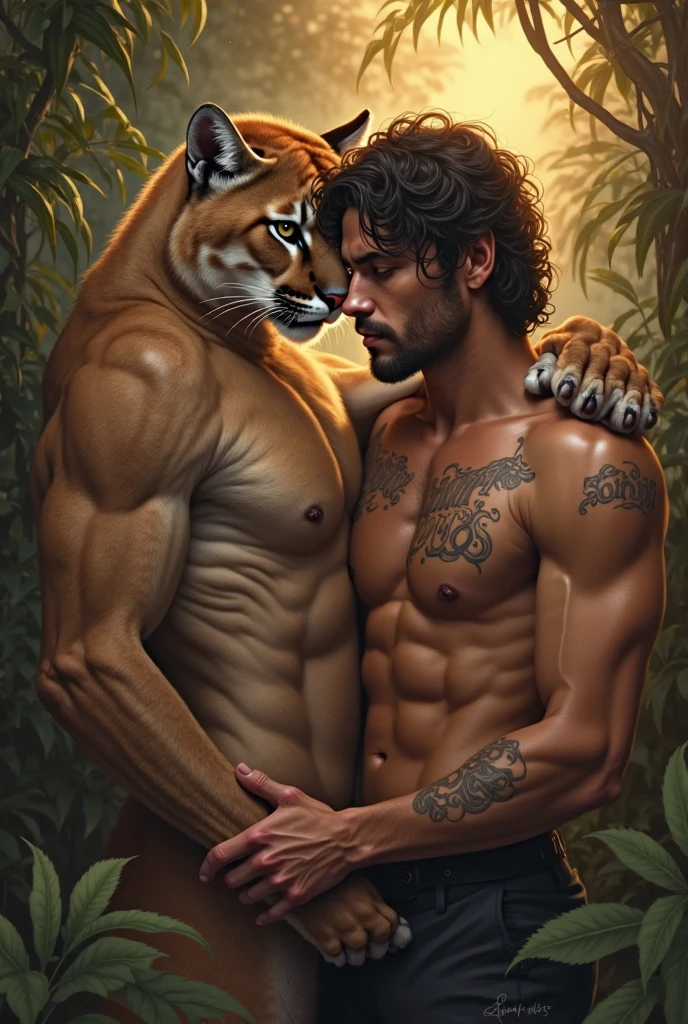 Two jungle's tigers that are couple (male and female) , on female has "M" tatto , and on Male has "H" tatto , and both of them have strong body , but male is much stronger. both of them are Tiger in jungle. the body is human body , but the head are tiger's head. and also the body has color of jungle's tigers, make Tatto on their ARMs that written: "H&M"