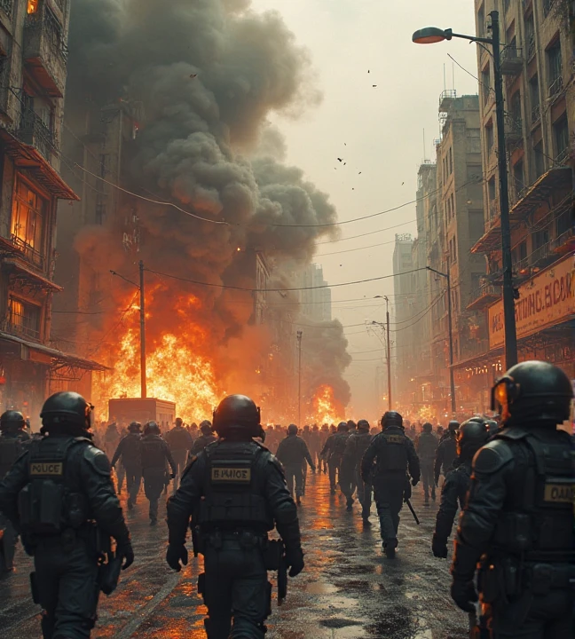 arafed image of a group of people walking through a building with a fire in the background, still from a music video, fabian wagner cinematography, eve online movie still, promotional images, nvidia promotional image, by Ejler Bille, prison city, riot entertainment, promotional image, ( ( mads berg ) ), rammstein, riot entertainment realistic, capitol riot --auto --s2