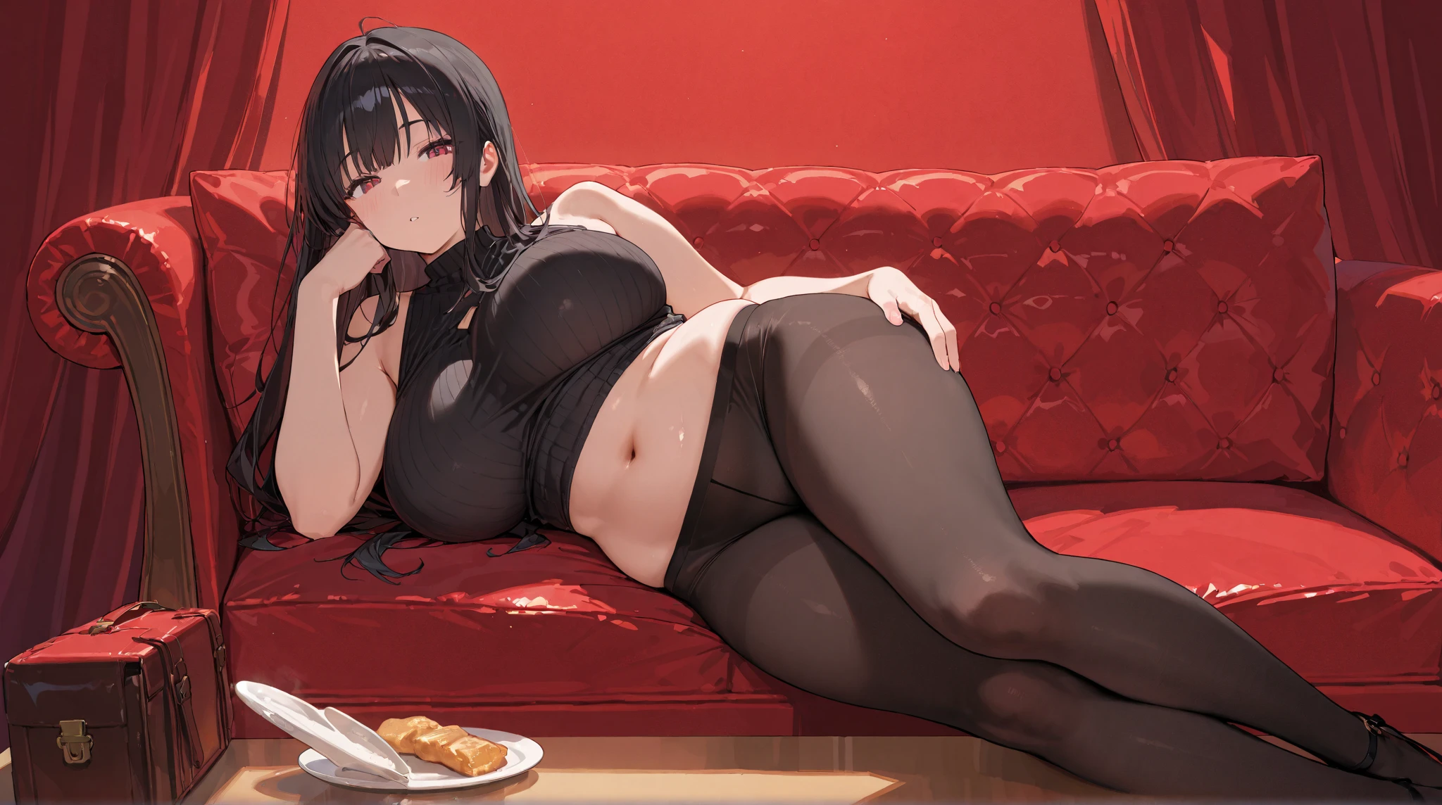 ((table top, highest quality, High resolution, nfsw, perfect pixel, 4K )),1 girl, single, alone, beautiful woman,((short hair, long sideburns,black hair)), ((red eyes, beautiful eyelashes, realistic eyes)), ((detailed face, blush:1.2)), ((smooth texture:0.75, realistic texture:0.65, realistic:1.5, Anime CG style)),huge breasts,thick thighs, perfect body,(((embarrassing,glare)))),(Sweat),Gold hair ornament,(red ribbed sweater:1.3),(((black pantyhose))),high heels,
perfect nipple, extremely detailed nipple, round areola,(public hair:1.8),(extremely detailed pussy1.3),(lifted by self,bra lift:1.5),
(open legs,spread legs,m legs:1.3),(lying back down:1.3),(from above:1.3),
(Voluptuous,glamorous,Chubby,thicc,curvy,Leggy,Tall,hanging breasts,1 grandma)
on the bed,Romanesque architecture,