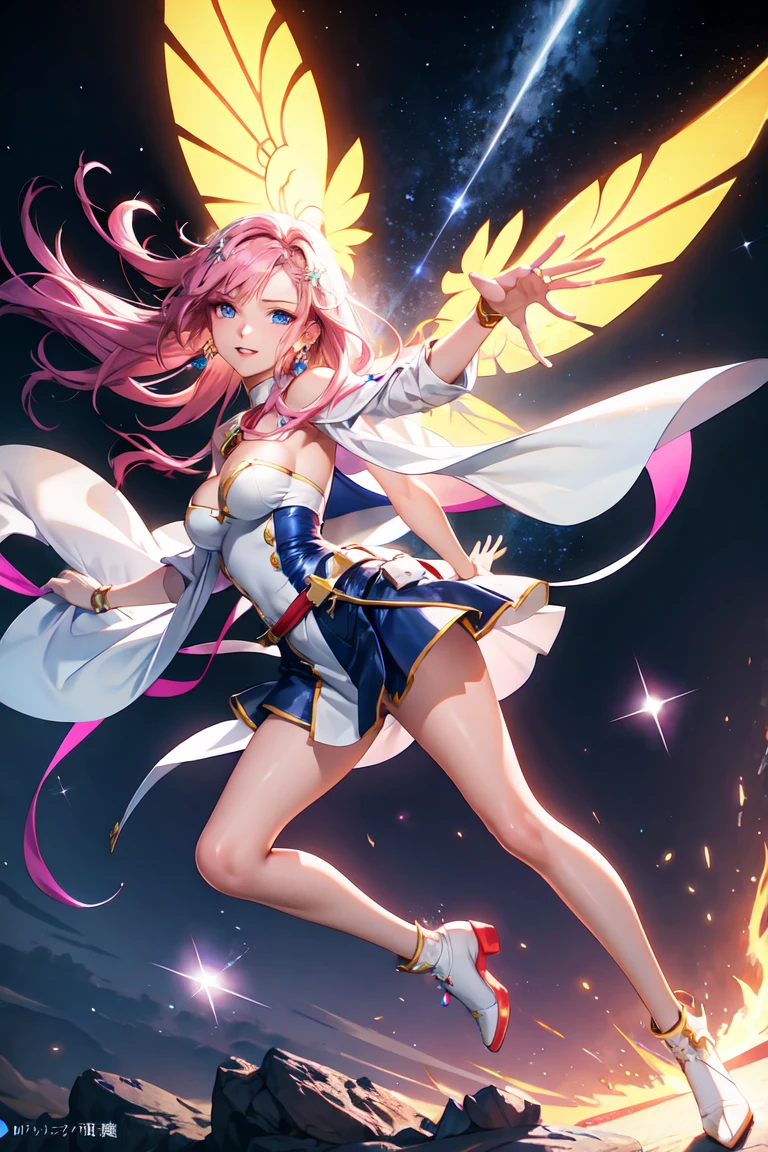masterpiece,Highest quality,high definition,High resolution,4K,8k,Ultra-high-definition CG,masterpiece,Highest quality,high definition,High resolution,4K,8k,Ultra-high-definition CG,Anime illustration style,1girl, anime painted, front angle, pose standing, shiny pink long hair,blue eye, accessories ribbon, expression smiling,arms behind back,Scene Sky、An angel with large, glittering wings radiating from its back、Gracefully flapping its wings。fashion model posing ,shiny skin,Low angle ,fashion model posing ,angel costume,bashful,Perfect hands(refer to5Book)、from side,