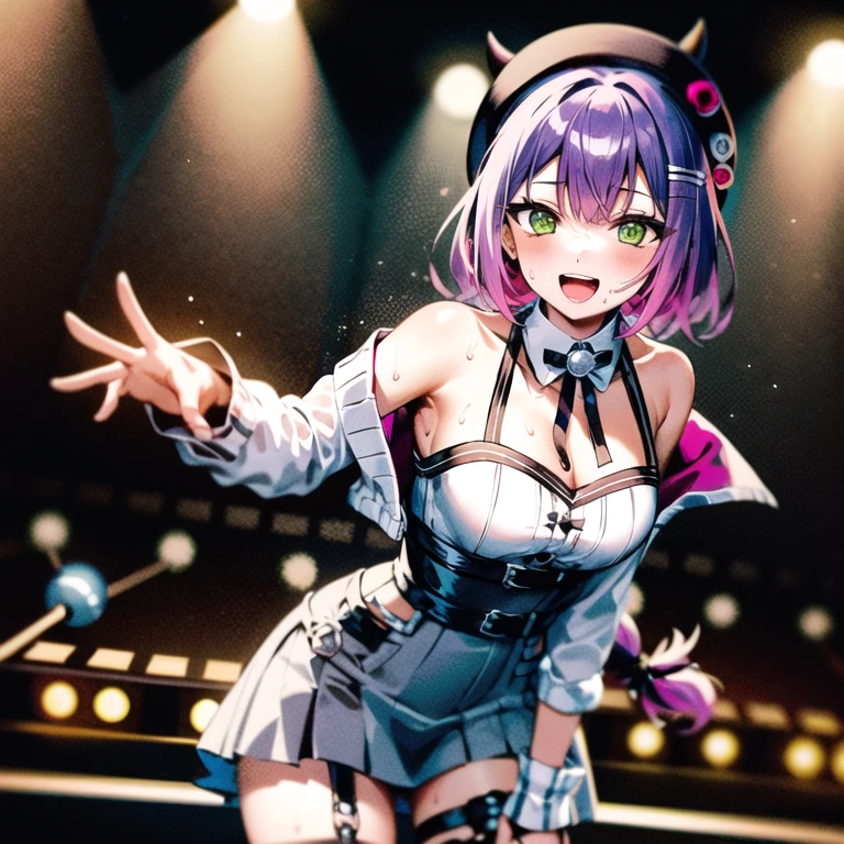 Browsing Caution,1 girl,,,chest,尖ったchest,chestの谷間,Underbust,Side Bust Barbosa,(blush),((Embarrassing)),Upper body close-up,(巨大なchest),大きなchestステージ, microphone, holding microphone, microphone stand, View the viewer, Upturned eyes, Bright Face, Wink, Satyr , Twin tails, Very long hair, Purple eyes, bangs, Light purple hair, Animal ears, low Twin tails, Very long hair, hair ornaments, Hair Ribbon, Idol Dress, Black Dress, Black Skirt, Elbow hand pockets, Black gloves, No sleeve, Yellow ribbon,