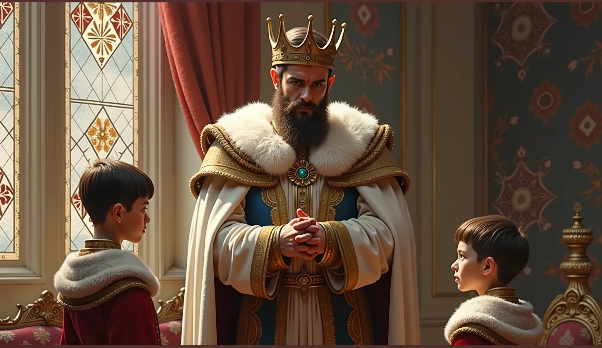 King, bearded, adorn in royal attire, crown on head, European features, ung sons, dressed as royalty, In a palace room, warm tone, cinematic scene, blockbuster, hyperrealistic, flawless, Raw image, 32K UHD