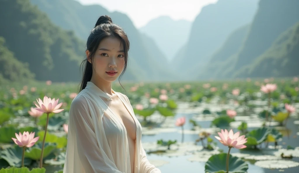 A traditional Asian artwork depicting a serene woman in an naked, standing with hands clasped. The background features a majestic, multi-tiered temple with ornate rooftops, surrounded by lush, blooming flowers and greenery. The scene is set in a tranquil, timeless night atmosphere with soft, pastel colors and a harmonious composition, evoking a sense of peace and cultural heritage at night
