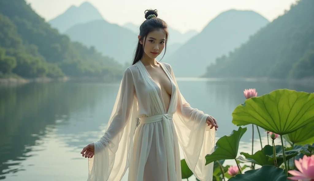 (best quality,8k,ultra-detailed,realistic:1.37),god creating man from soil,surreal photo,fujifilm xt3,outdoor,good lighting,raw photo,film grain,unreal engine 5,ray trace,concept artists,Goddess-like woman full body, (Artistic Nudity and Covering),landscape,human creation,smiling, feminin pose, long hair, divine touch,transcendence,charm,powerful presence,strong figure,wisdom in the eyes,,,harmony with nature,peaceful surroundings,ethereal beauty,sublime atmosphere,brilliant colors,dreamlike quality,otherworldly perspective,subtle textures,vibrant details,mesmerizing composition,transcendent realms,spiritual journey,sacred transformation