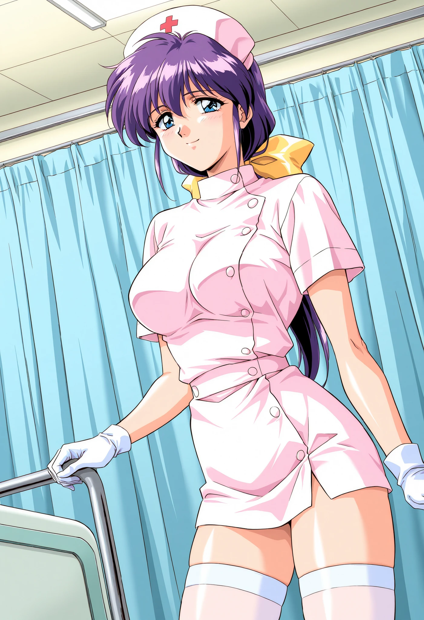 Score_9, score_8_up, score_7_up, source_anime, Kitazawa_Yukie, solo, purple hair, large breasts, blue eyes, hair bow, yellow bow, low ponytail, 1990s (style), game cg style, (best quality), (high quality), {masterpiece}, extremely delicate and beautiful, ultra-detailed, beautiful detailed eyes, nurse, nurse hat, ((white nurse's outfit)), white gloves, white thighhighs, hospital room, smile, closed mouth, standing