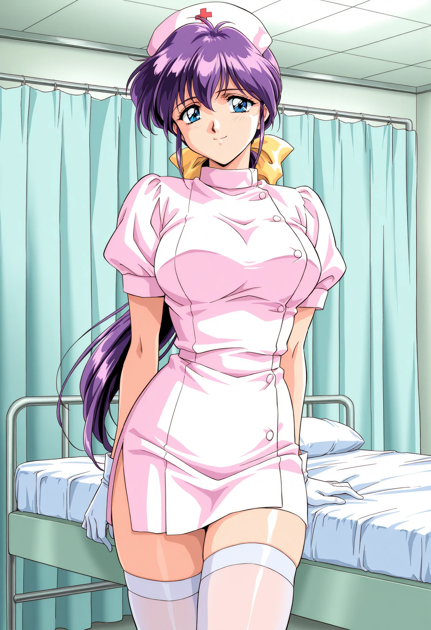 Score_9, score_8_up, score_7_up, source_anime, Kitazawa_Yukie, solo, purple hair, large breasts, blue eyes, hair bow, yellow bow, low ponytail, 1990s (style), game cg style, (best quality), (high quality), {masterpiece}, extremely delicate and beautiful, ultra-detailed, beautiful detailed eyes, nurse, nurse hat, ((white nurse's outfit)), white gloves, white thighhighs, hospital room, smile, closed mouth, standing