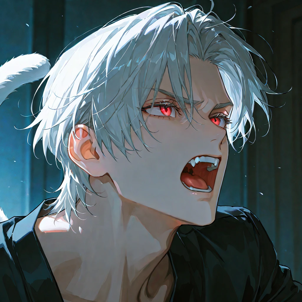 masterpiece, best quality, evangelion kaworu nagisa, kaworu nagisa, boys, nsfw, red eyes, seductive, hot, seductive face, bukkake, cum dumpster, face covered in cum, cum eating, drinking cum, holding a big bowl of cum, surrounded by black men dicks, black men dicks