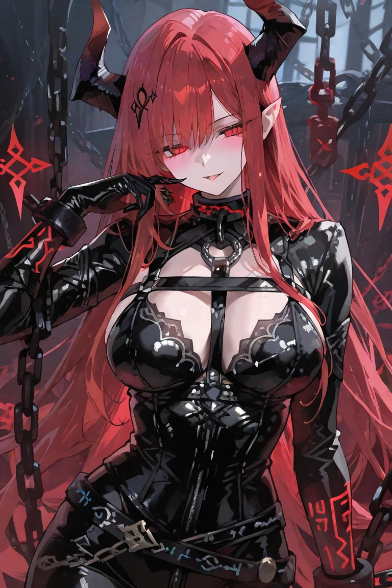Chain bikini, chain crown, bare belly, big breasts, red hair, red eyes, godness of chaos