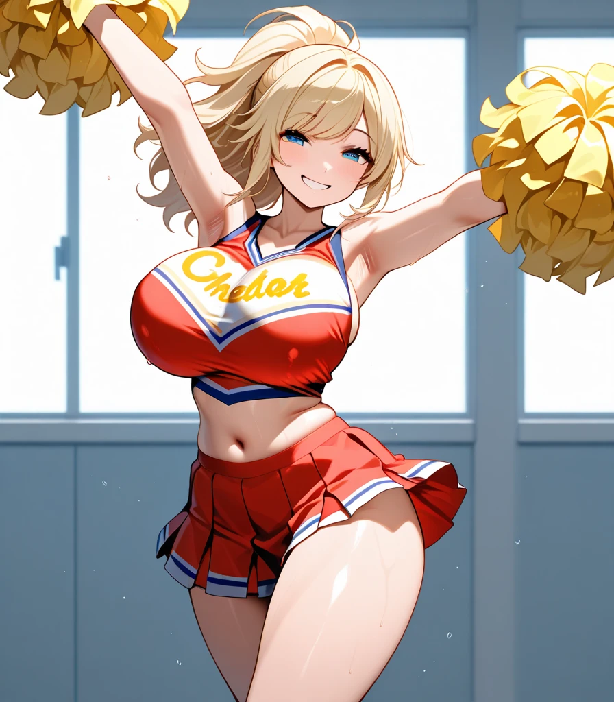 Cheerleader, large breasts, long blonde hair, haughty expression, blue eyes, red cheerleader outfit, ponytail, locker room 