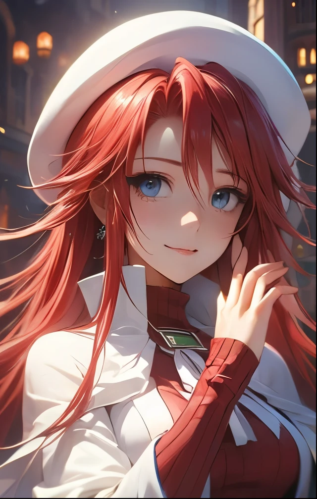 (((SFW、Highest quality、 first class masterpiece 、normal body 、32k、detailed face、super precise、normal hand、5 fingers、Highest)))、Atti(summon night)、Aty(summon night)、Beautiful Girl、Red-silver hair、 flowing hair 、beautiful breasts、slender、 slim、 can be used、red tight suit 、super miniskirt、white beret、A gentle smile