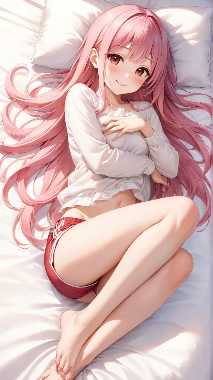 The girl with long pink hair and pink eyes wore a white short dress and showed off the clothes she was wearing while feeling shy and salty while lying on the bed.