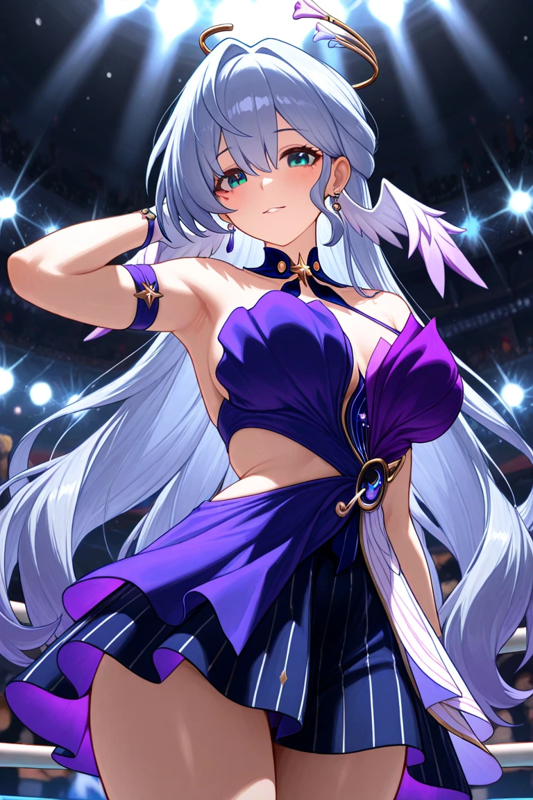 finest masterpiece, Super detailed, Highest quality, Sharp focus, 12k, ultra hi resolution picture, 1girl, tifa lockhart \\(refined dress\\), final fantasyfull body,dark aura,evil smile, masterpiece, best quality, very aesthetic, absurdres, anime artwork, anime style, key visual, vibrant, Studio Anime, highly detailed,1girl,(Silver Hair:1.4),Very long hair,(Arena:1.4)