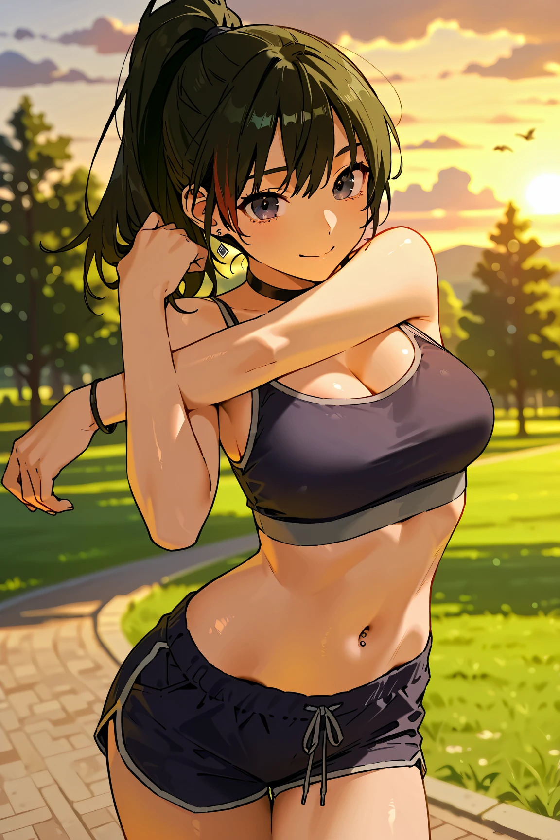Wind Horse_home town,Large Breasts,Black Hair,Long Hair,ponytail,Green Eyes,(Cheerleader, Crop top, Ultra mini skirt, Expose your shoulders) ,(Sweaty, Glowing Skin:1.1), ,SunLight, spotLight effect,Bright sky, Blue sky and white clouds,Strong winds,(High resolution, high quality:1.1), Intricate details, Light, 1 Girl,(smile、smile),(necklace, bracelet),Sweat splashes near the face、Gym、Basketball court、During the game、、Dazzling Lighting、Angle from directly above、Chest shakes a lot