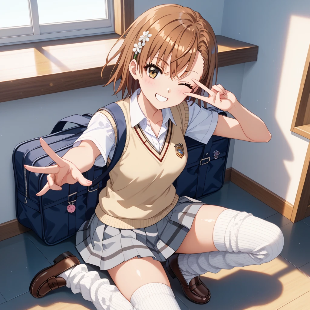 Highest quality,masterpiece,12 years old,smile,indoor,School,corridor,squat,Upper Body, 顔 focus,Brown Hair, short hair, ponytail,Yellow ribbon hair clip, uniform,Yellow tie,White short sleeve,Blue Skirt,blue eyes, Flat Chest,((Lori)),Breast flash,Panty shot
