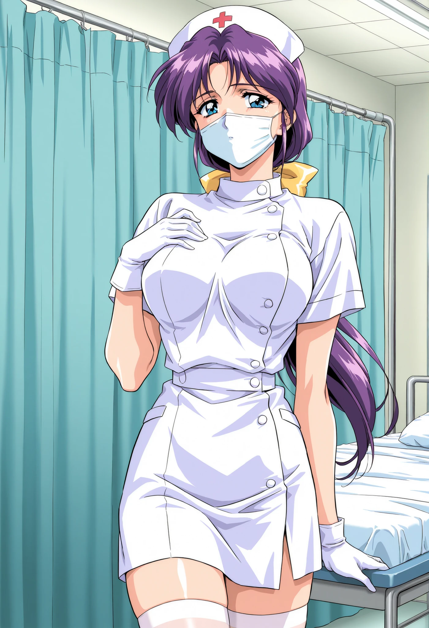 Score_9, score_8_up, score_7_up, source_anime, Kitazawa_Yukie, solo, purple hair, large breasts, blue eyes, hair bow, yellow bow, low ponytail, 1990s (style), game cg style, (best quality), (high quality), {masterpiece}, extremely delicate and beautiful, ultra-detailed, beautiful detailed eyes, nurse, nurse hat, ((white nurse's outfit)), white gloves, white thighhighs, hospital room, ((white mask, mouth mask, covered nose)), standing