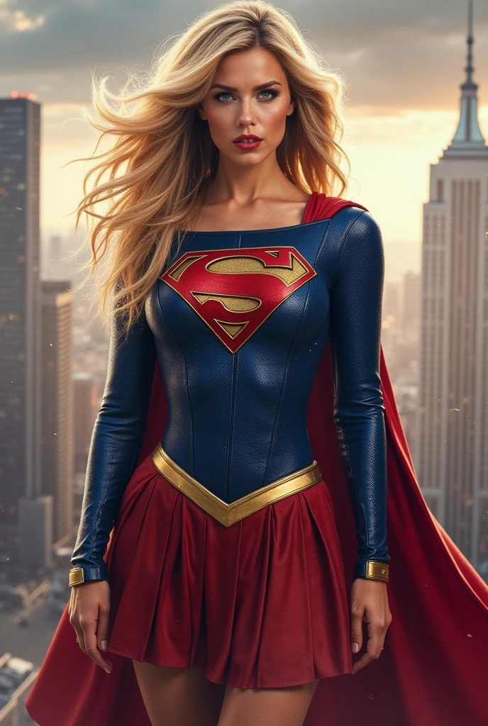 Gaia Weiss under the mantle of the Kryptonian Kara Zor-El alias Supergirl long blonde hair Superman suit Man of Steel Movie