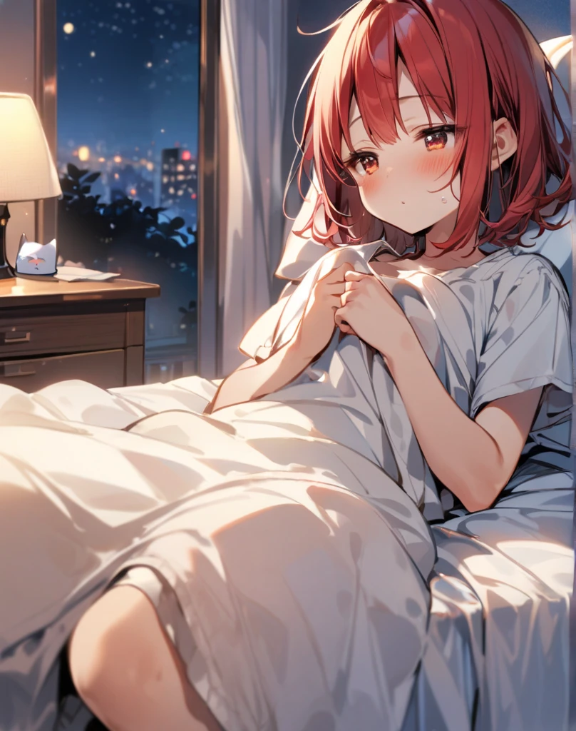 1 girl, Redhead, Facial hair, Red eyes, 8k, masterpiece, sexy、Bedroom、pajamas、erotic、Private Server、High Contrast、cute、
