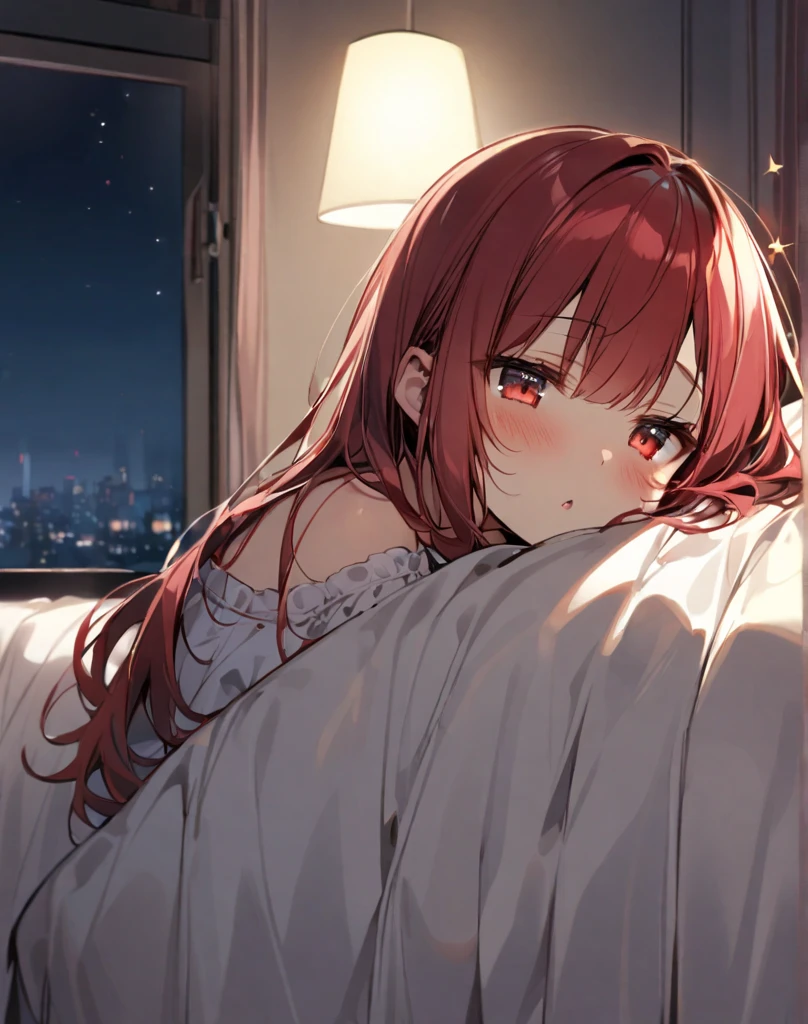 itsukinakano, Itsuki Nakano, bangs, hair between eyes, Ahoge, redhead,  ,girl sleeping with both eyes closed，smile，Bedroom，  windows，romantic starry sky，A meteor crosses,T-shirt,red underwear,sleeping in bed,night,sleeping with head on pillow,sleeping on my back in bed,dark room,night,
break indoors, Bedroom,
break (masterpiece:1.2), highest quality, High resolution, unity 8k wallpaper, (shape:0.8), highly detailed face, perfect lighting, Very detailed CG, (perfect hands, perfect anatomy),