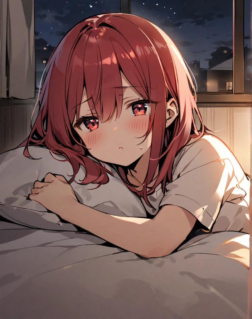 scene view,sky,anime style,on bed, house light ,night,, head rest, intense angle, curtsey,