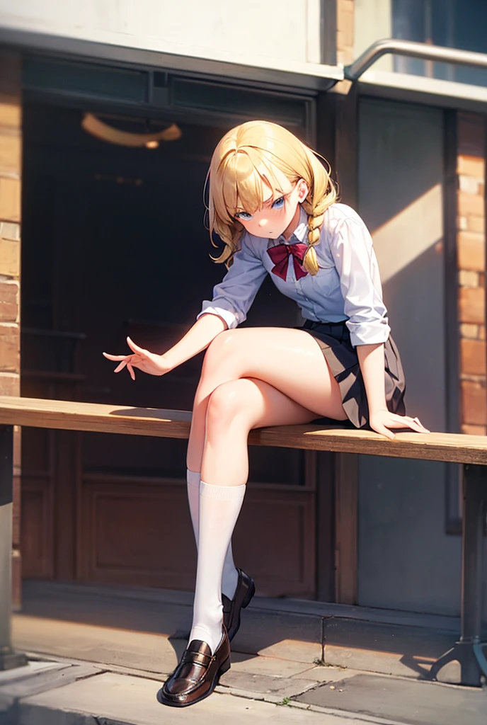 Need,tmasterpiece,loli,Two people,whaite hair,Golden eyes,Manteau blanc,Look up,full bodyesbian,Hairline,White skin of the,SideBraid,ear studs,white panties,Half of the chest is exposed,Little blonde girl sitting side by side on the floor, Realistic anime little girl rendering, render of a cute 3d anime girl, Photorealistic anime, 3 d anime realistic, Realistic anime 3 D style, , anime styled 3d, hyper realistic anime, Anime. Soft lighting, cute big breasts,Wear a low cut,Denim skirt,Blue and white striped socks,carrying red school bags