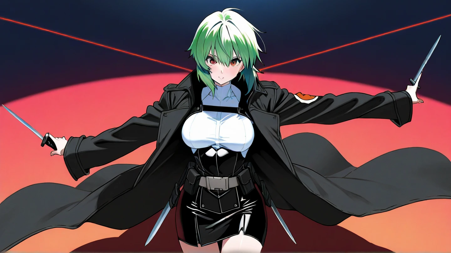 beautiful woman, short green hair, red pin, black hood, black open jacket, sports bra, thight gym shorts, high knee black socks, high boots, long sleeve, dynamic pose, rina shinomyia, a cartoon picture of a woman in a black and white outfit, an anime drawing inspired by Kōno Michisei, trending on pixiv, shin hanga, hinata hyuga, wearing black tight clothing, anya from spy x family, skintight black clothes, anime full body illustration, anime vtuber full body model, asuka suit under clothes!