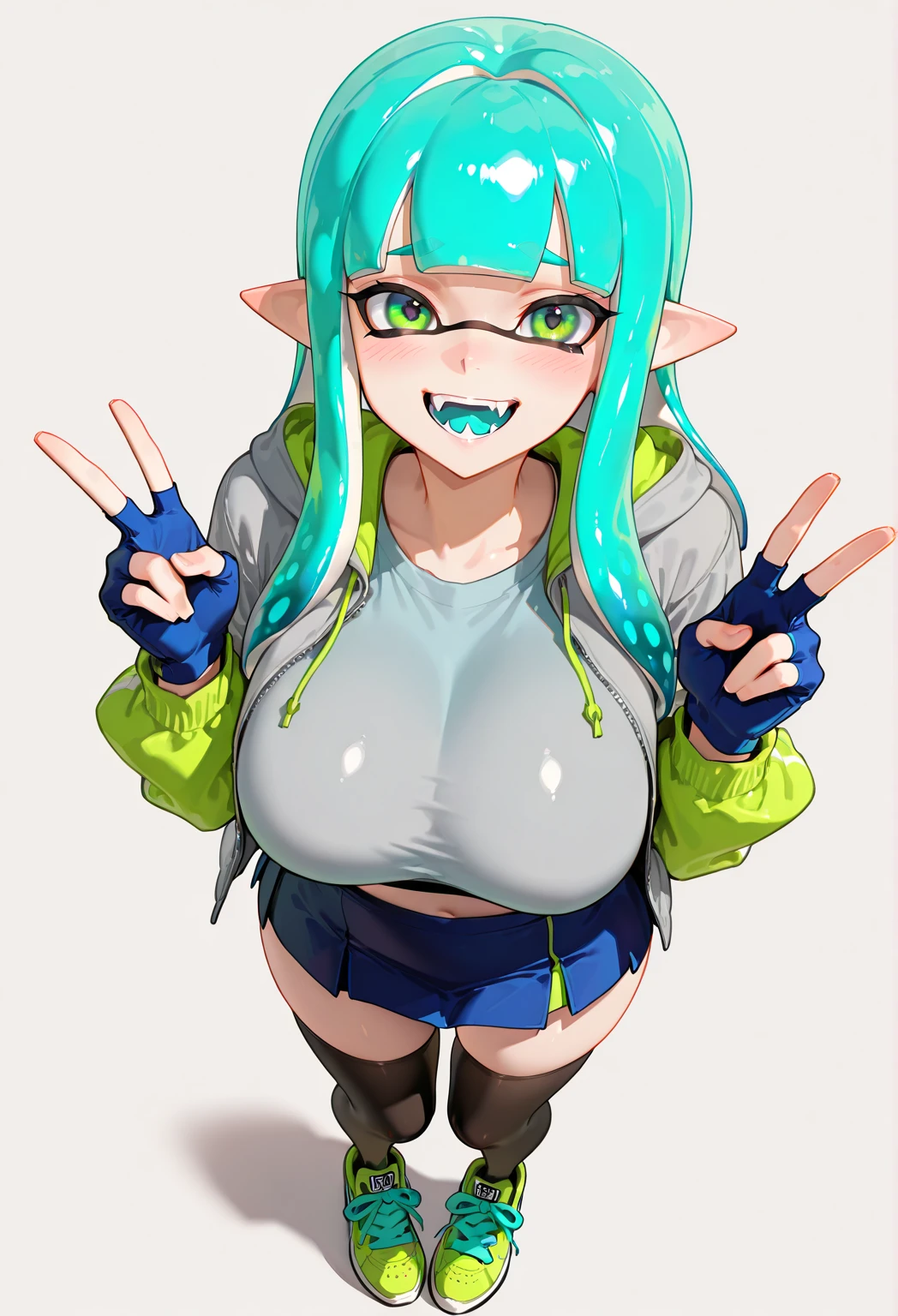Erotic Anime Illustration、highest quality、Sex Appeal、Downtown Festival、Savage Laughter、A wall covered in graffiti paint、Selling aphrodisiacs、Splatoon、Plump Gal、Perfect proportions、Very large breasts、Exposed nipples、Fatty legs、Beautiful, shining eyes、Exposing the vagina、Sweaty、Cowboy Shot、Hatsune Miku