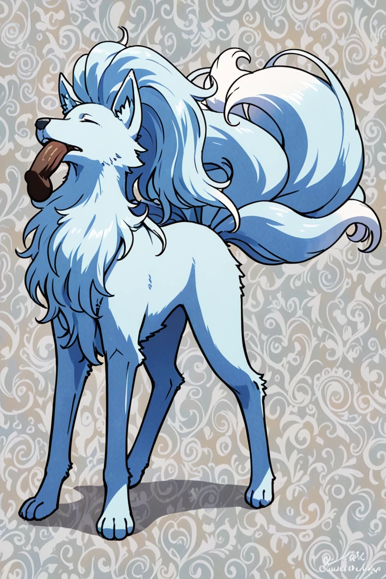 (feral) (( female Alolan Ninetales )) blushing, looking pleasured, from behind, looking at the viewer, tail raised, ((hyper canine penis, hyper balls, huge knot)), +masterpiece, best quality, presenting hindquarters, by hioshiru, snowskau, foxovh. impasto impressionism, by Michael & Inessa Garmash, Ruan Jia, Pino Daeni, detailed background, huge thighs, huge haunches, huge hips