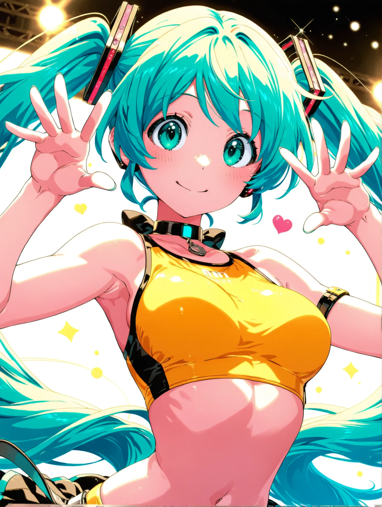 (Master Piece、 Highest Quality、 Highest Quality、 official art、 beautiful beautiful :1.2)、( one girl:1.3) Hatsune Miku、 light green twin-tails, beautiful breasts, 1 girl, smile, girl, volume lighting , dynamic pose、 Virtual Idol 、 sandy beach、Yellow sports bikini、 green eyes、round face , slim figure  , It's a big budget idea , sandy beach、strand、make a heart shape with both hands, Fingers close up、and stick your hand forward、Fingers are in the shape of a heart.  upper body composition、fingers are the main composition、I hide my face with my hands、focus on the fingers of the hand、stretch your arms