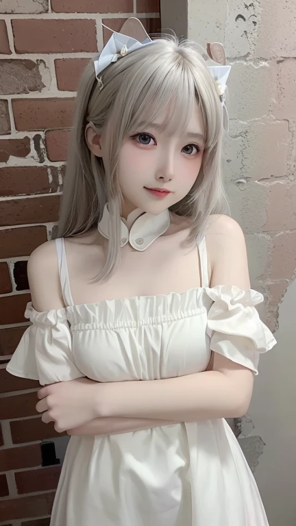 Sexy and firm super small breasts、Small breasts and exposed nipples、RAW Photos, 8K, (Highest quality), Realistic, (Live Action, Intricate details), (Natural skin texture, Detailed skin, Hyperrealism, Sharpness), (Japanese teenage girl standing in a garden), ((White Jirai Fashion:1.6)),Slender body, ((Gray Hair, Straight Long Hair, Blunt bangs)), ( Attractive face, Provocative look, Release your lips:1.3, ), thigh, Spot lighting:1.3, Cowboy Shot、
