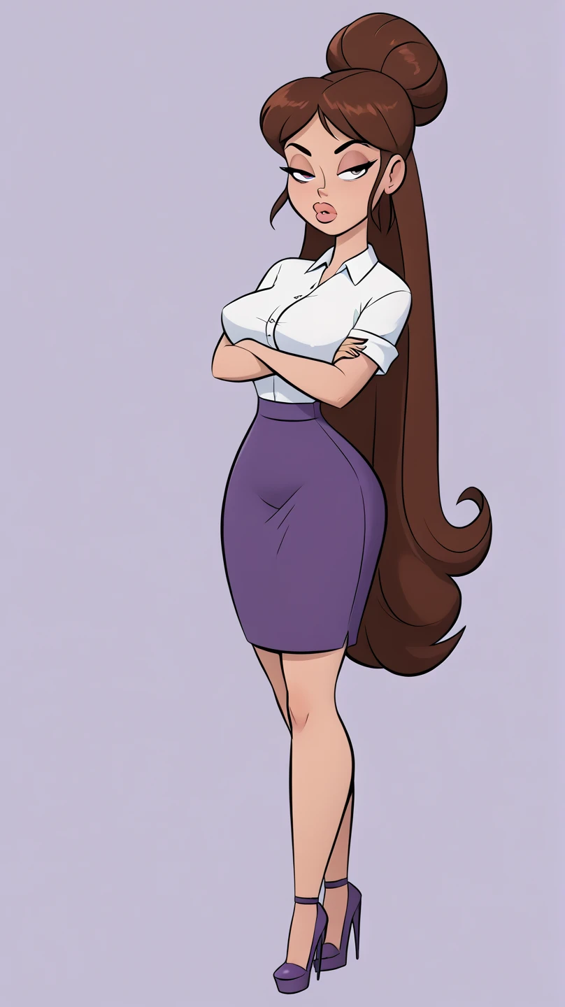 1girl, solo, (Brown hair, waist length very very long straight hair: 1.15), bimbo, wearing a purple skirt suit, 8, milf, voluptuous,, ( Masterpiece, 4k resolution, ultra-realistic, very detailed) thick fluffy brunette hair,  hair up, curvy bodytype, seductive look,  toned body heels, seducing look,  arms crossed, attitude, large round breasts, simple background